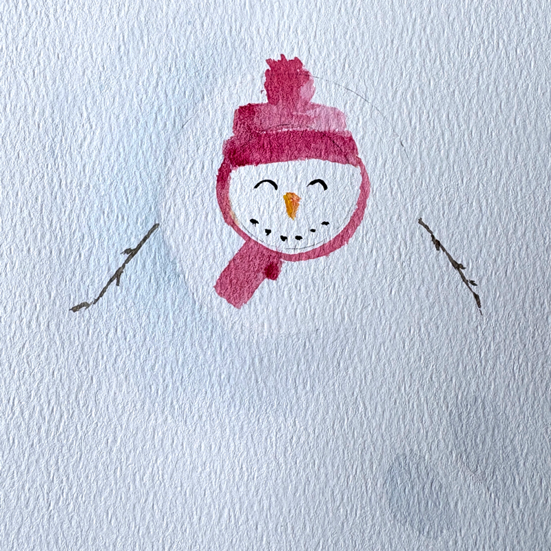 Happy Snowman watercolor holiday card by Lake Effect Studios: a smiling snowman in a red hat and scarf