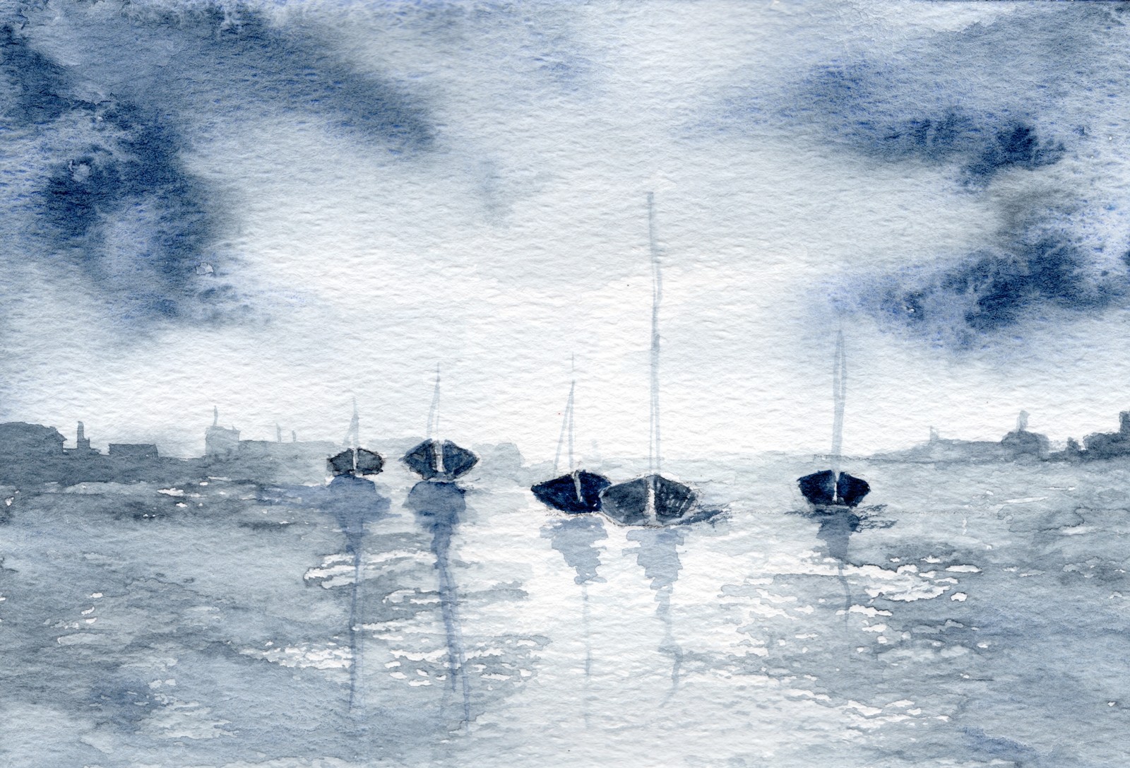 Harbor Study, watercolor by Hanna Arnold Harbor Study, a watercolor painting by Hanna Arnold of Lake Effect Studios showing sailboats at anchor and their reflections in blue gray harbor water beneath a cloud-filled sky