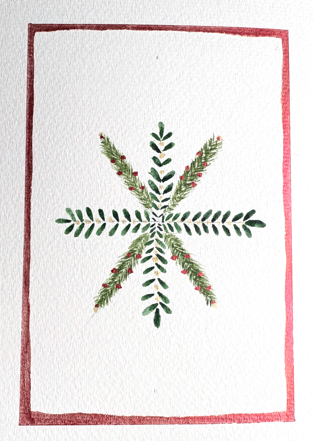 Botanical Set watercolor holiday card by Lake Effect Studios: a snowflake of greenery sprigs and red berries inside a hand-painted red border