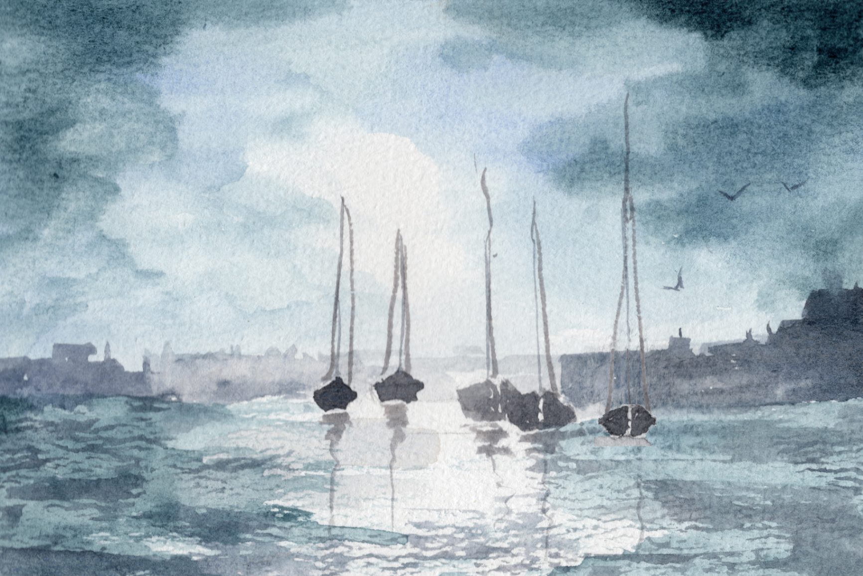The Harbor, original watercolor by Hanna Arnold The Harbor, an original watercolor painting by Hanna Arnold of Lake Effect Studios, sailboats at anchor in a harbor under a stormy blue gray sky