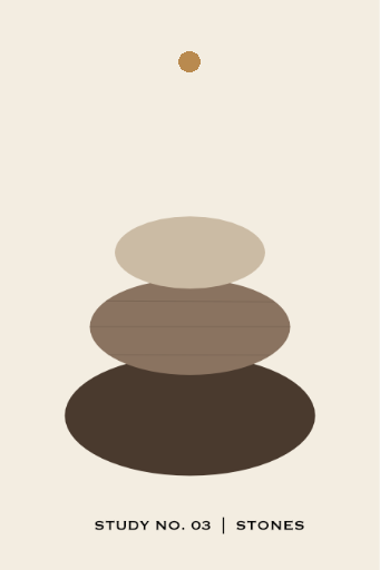 Study No. 03: Stones by Lake Effect Studios, minimalist art print of three stacked stones in earth tones beneath a gold dot